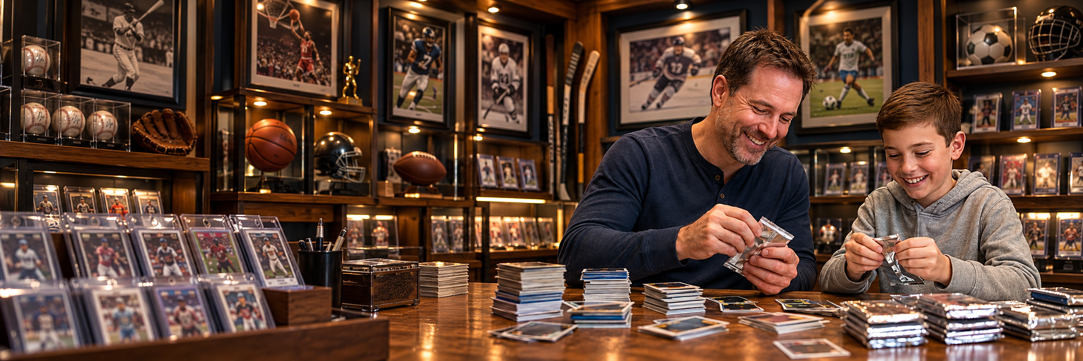 A father and son looking at sports cards