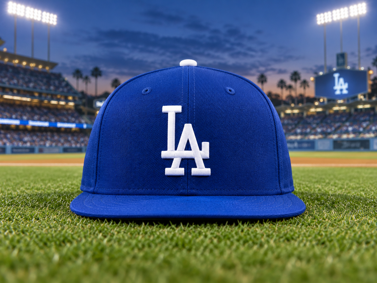 Blue Los Angeles Dodgers on-field 59FIFTY fitted hat centered on a baseball field