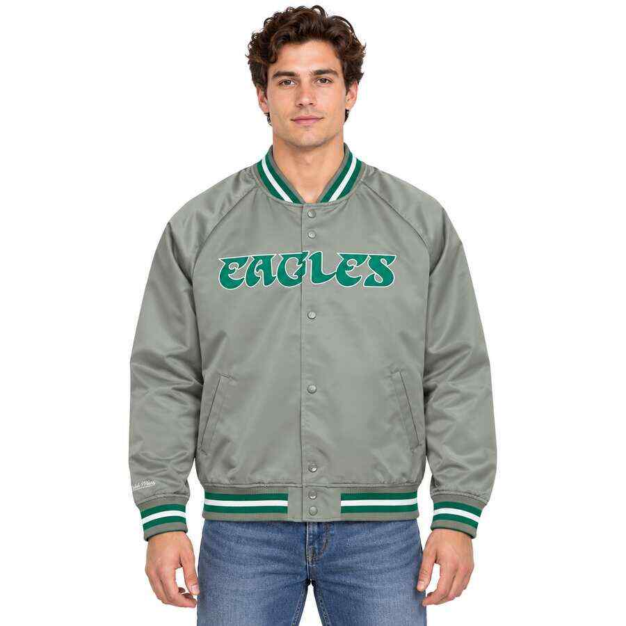 Philadelphia Eagles Retro Grey Mitchell and Ness Satin Jacket