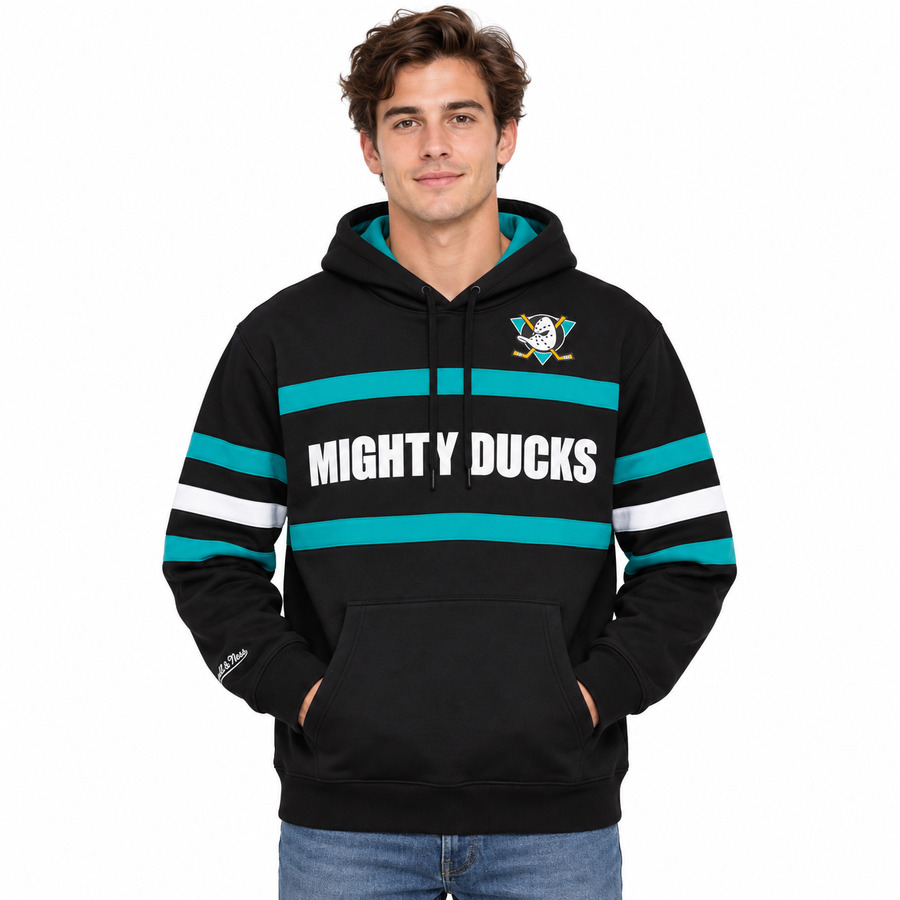 Anaheim Ducks Retro Black/Teal Script Mitchell and Ness Hooded Sweatshirt