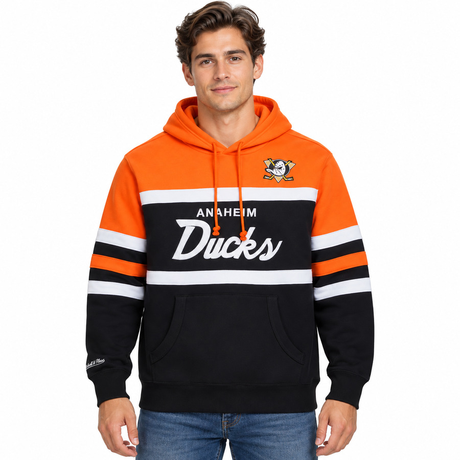 Anaheim Ducks Orange/Black Script Mitchell and Ness Hooded Sweatshirt