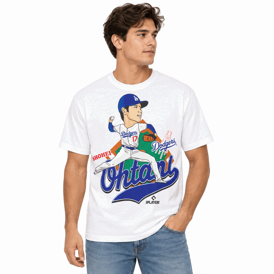Los Angeles Dodgers White New Era Shohei Ohtani Pitching Cartoon Shirt