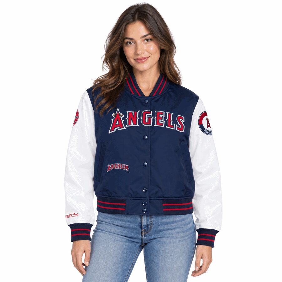 Los Angeles Angels Ladies Double Clutch Mitchell and Ness Crop Satin Jacket