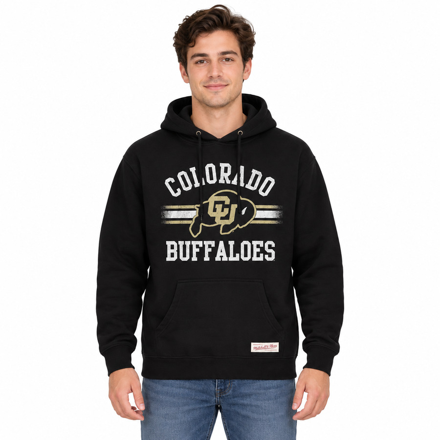 Colorado Buffaloes Black Vintage Stripes Mitchell and Ness Hooded Sweartshirt