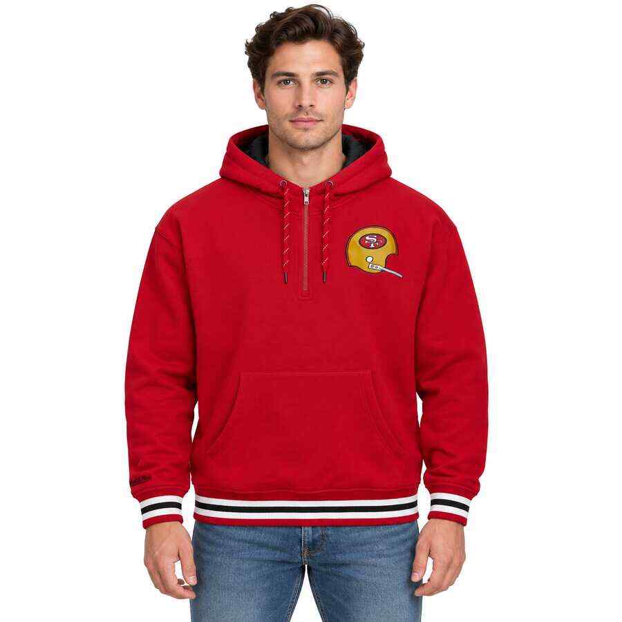 San Francisco 49ers Red Mitchell and Ness Throw it Back Quilted Hooded Sweatshirt