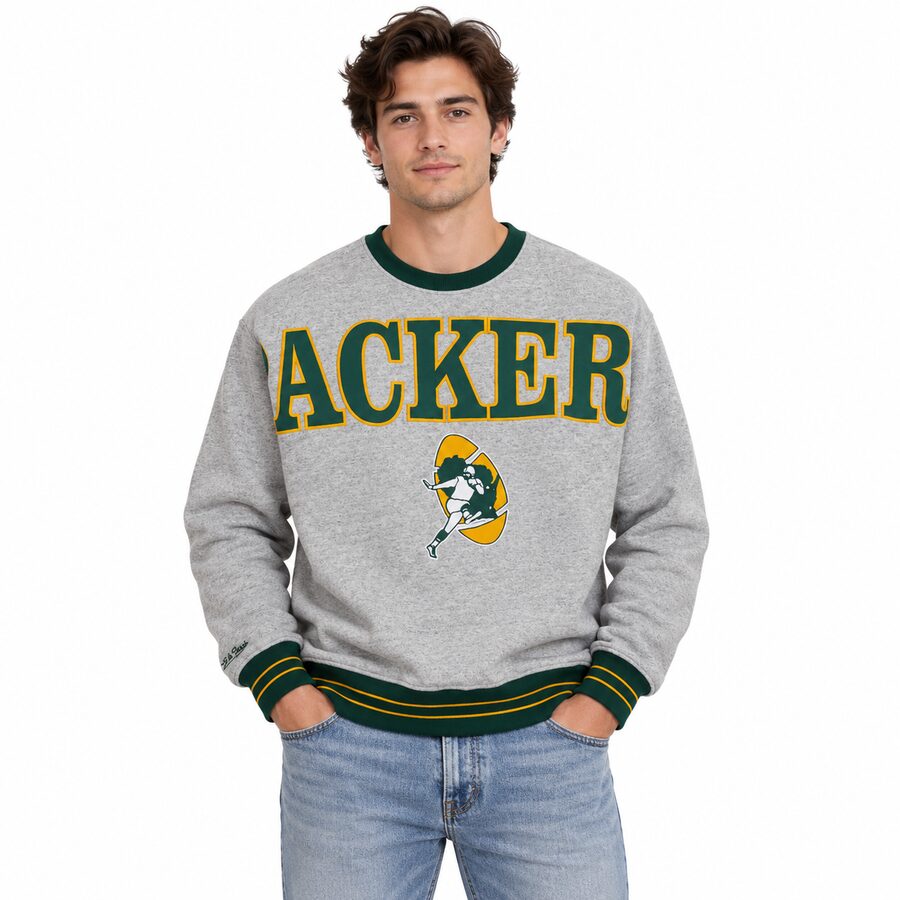 Green Bay Packers Retro Full Field Satin Fleece Mitchell and Ness Crew Sweatshirt