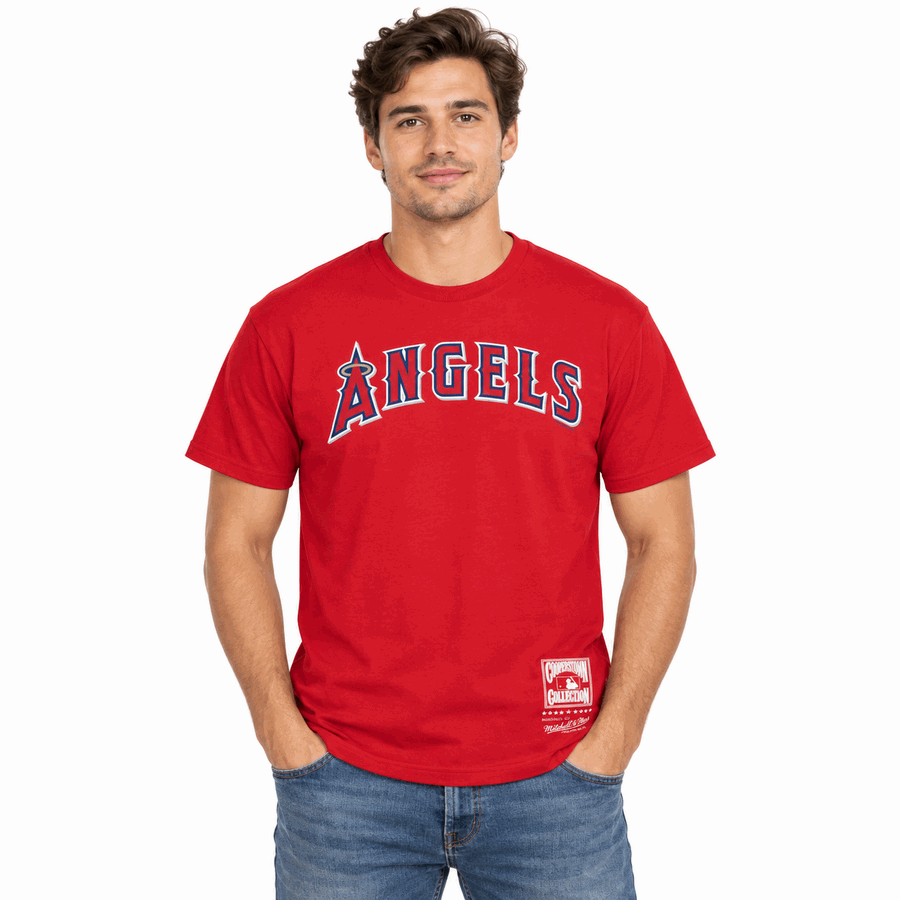 Los Angeles Angels Red Mitchell and Ness Wordmark Shirt