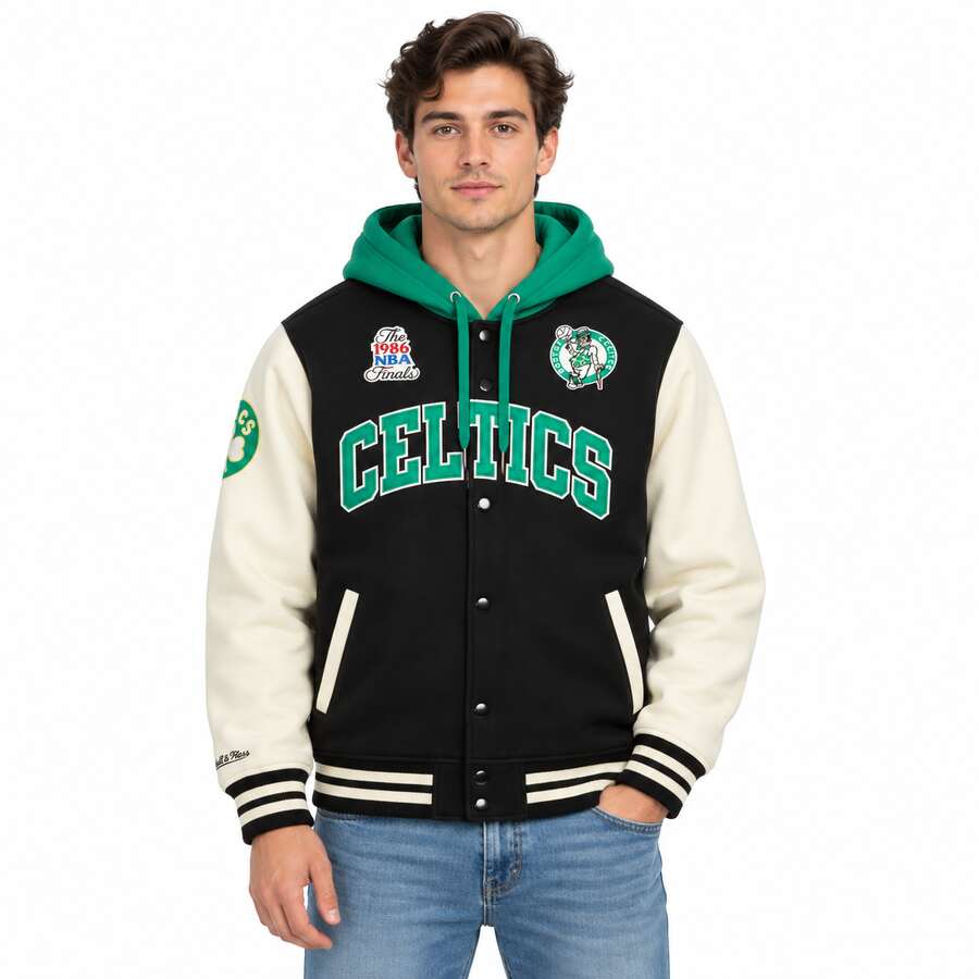 Boston Celtics Courtside Button Down Mitchell and Ness Hooded Fleece Jacket