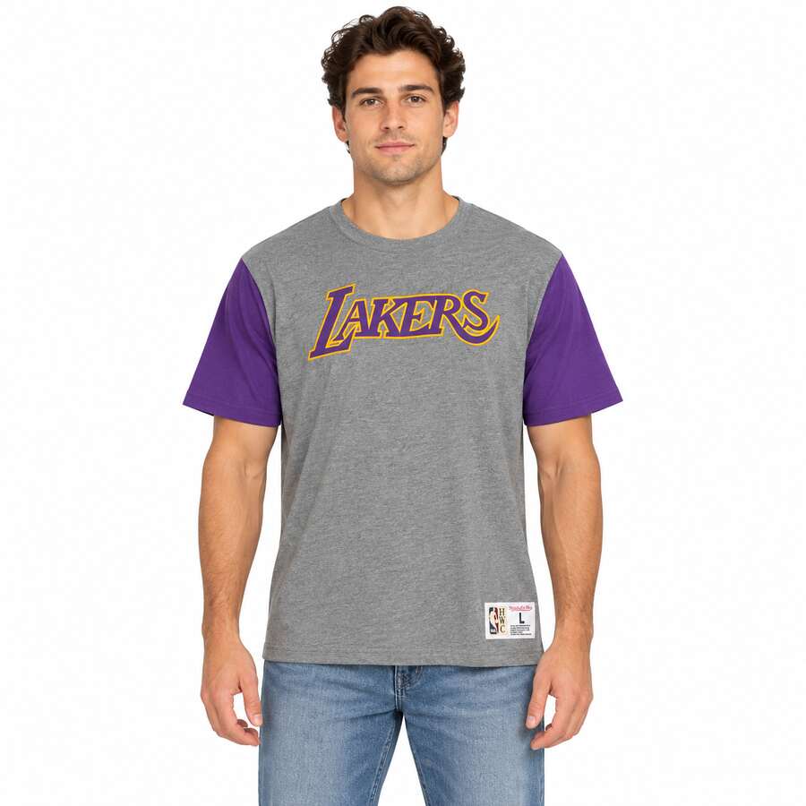 Los Angeles Lakers Embroidered Mitchell and Ness Color Block Shirt