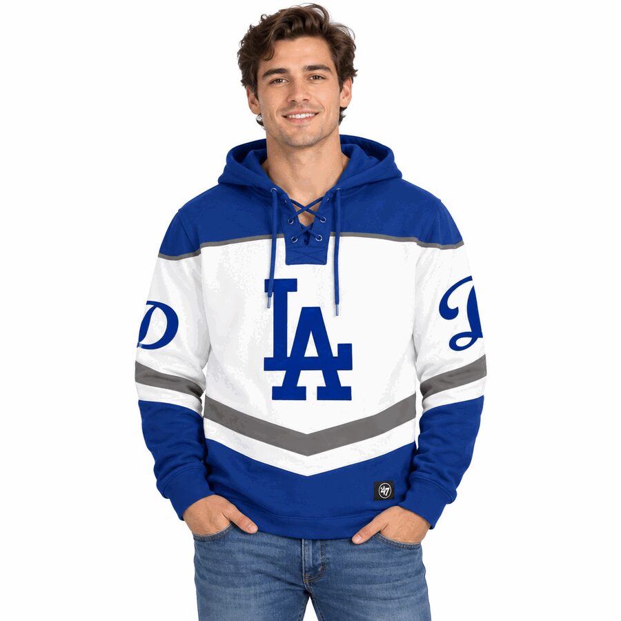Los Angeles Dodgers Whitewash Tri Satin Lacer '47 Brand Hockey Style Hooded Sweatshirt