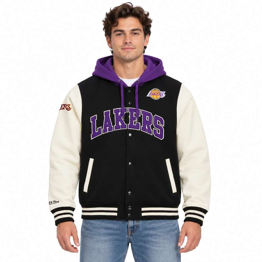 Los Angeles Lakers Courtside Button Down Mitchell and Ness Hooded Fleece Jacket