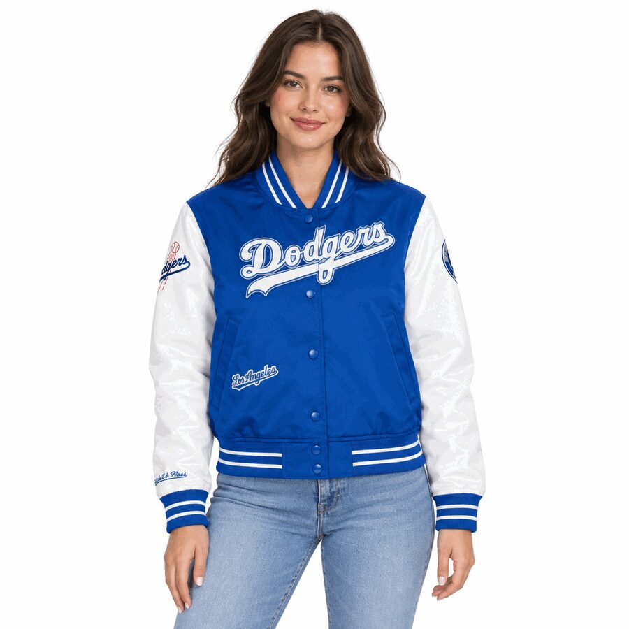 Los Angeles Dodgers Ladies Double Clutch Mitchell and Ness Crop Satin Jacket
