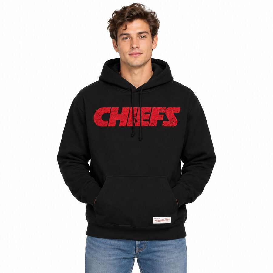 Kansas City Chiefs Black Distressed Mitchell and Ness Wordmark Hooded Sweatshirt