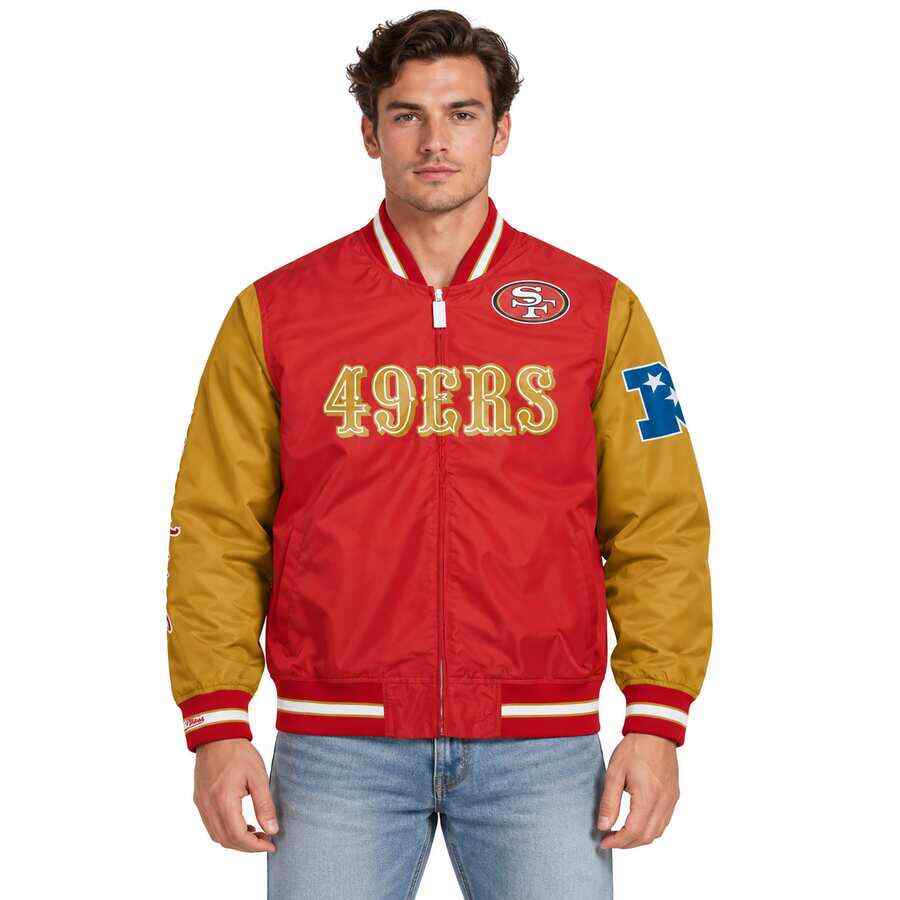 San Francisco 49ers Retro Red and Gold Team Burst Mitchell and Ness Jacket