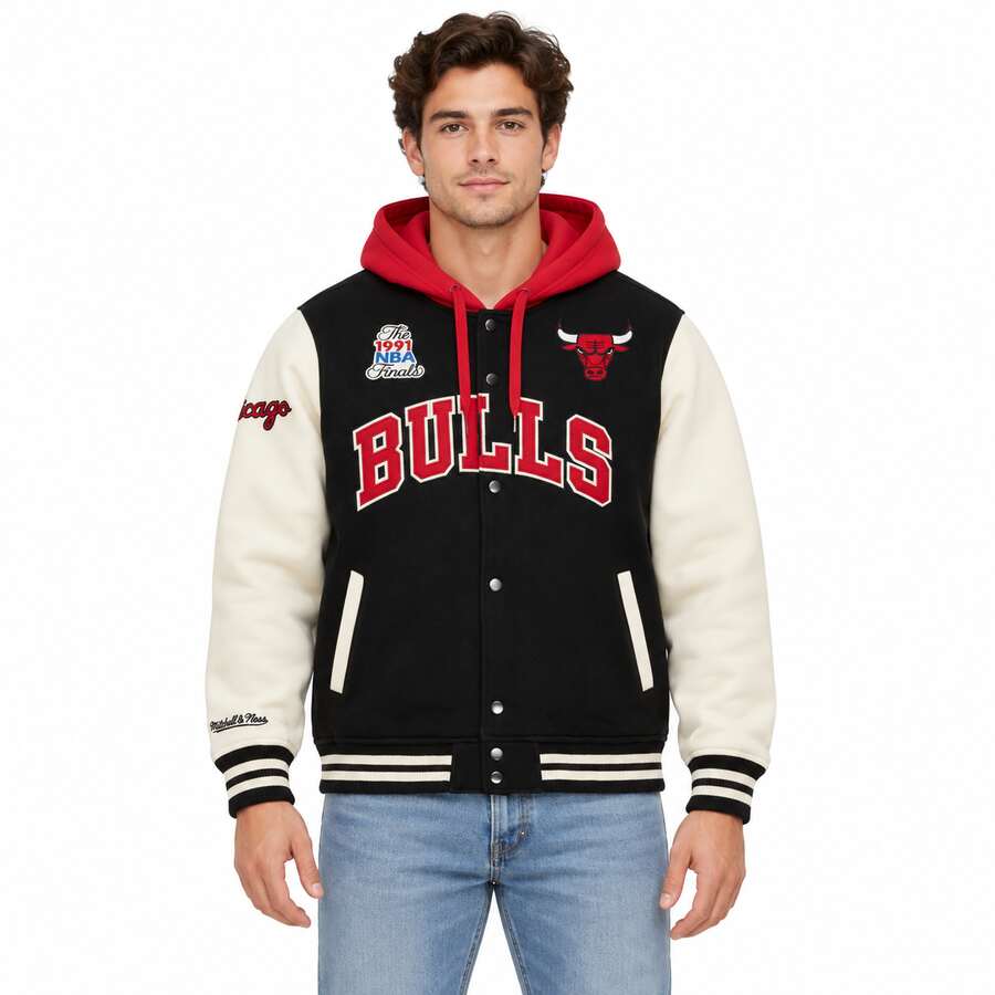 Chicago Bulls Courtside Button Down Mitchell and Ness Hooded Fleece Jacket