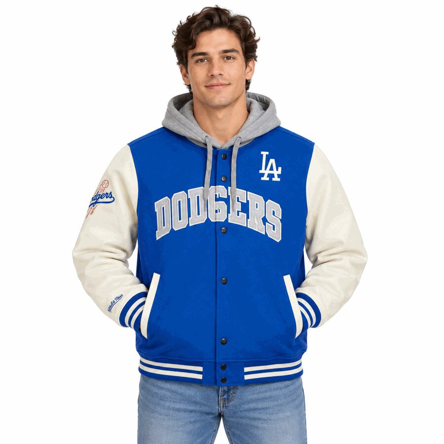Los Angeles Dodgers Courtside Mitchell and Ness Classic Button Down Hooded Sweatshirt