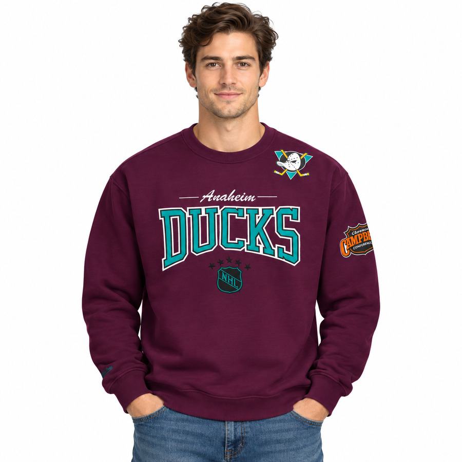 Anaheim Ducks Retro Purple Mitchell and Ness There and Back 2.0 Crew Sweatshirt