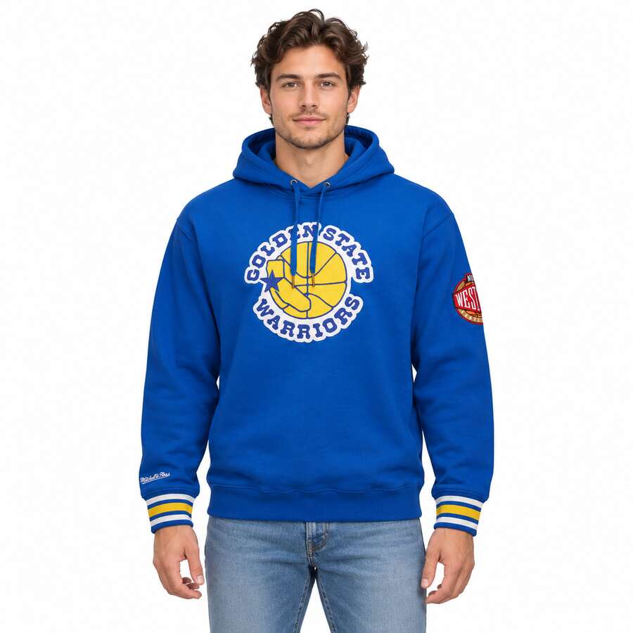 Golden State Warriors Royal Mitchell and Ness Chainstitch Hooded Sweatshirt