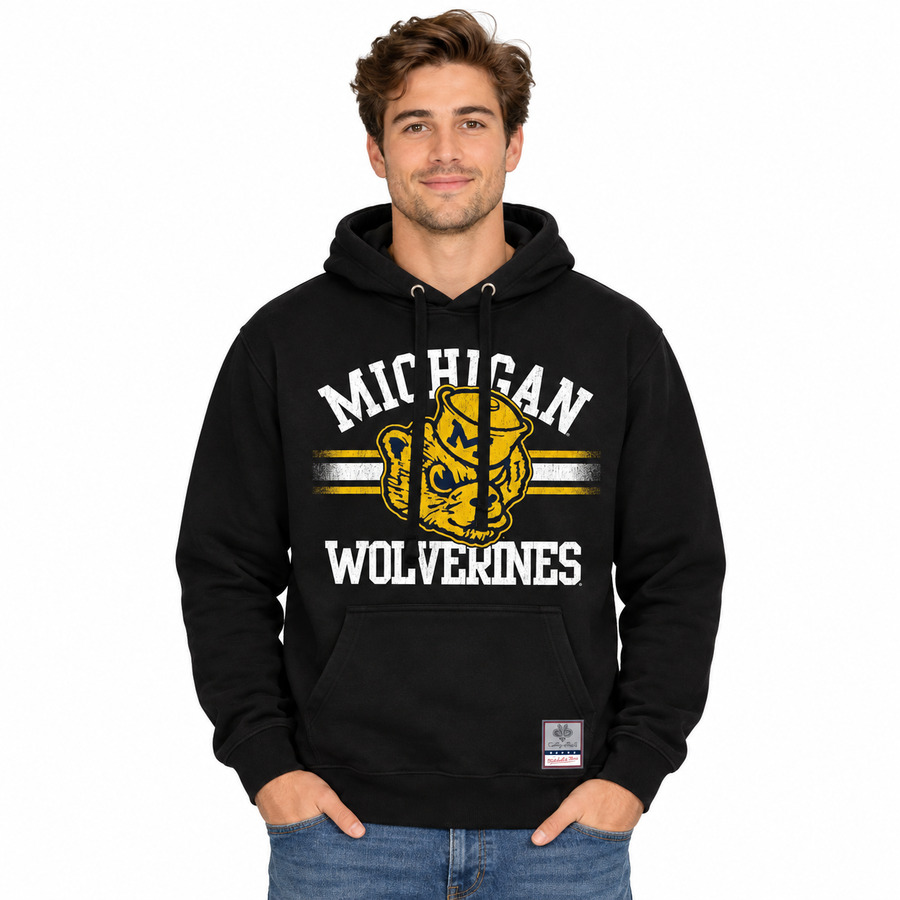 Michigan Wolverines Black Vintage Stripes Mitchell and Ness Hooded Sweatshirt