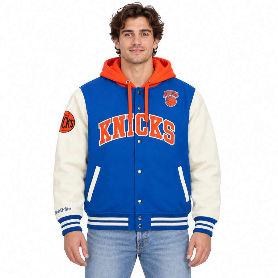 New York Knicks Courtside Button Down Mitchell and Ness Hooded Fleece Jacket