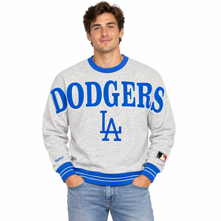 Los Angeles Dodgers Vintage Grey Satin Fleece Mitchell and Ness Crew Sweatshirt