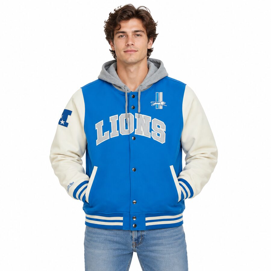 Detroit Lions Courtside Button Down Mitchell and Ness Hooded Fleece Jacket