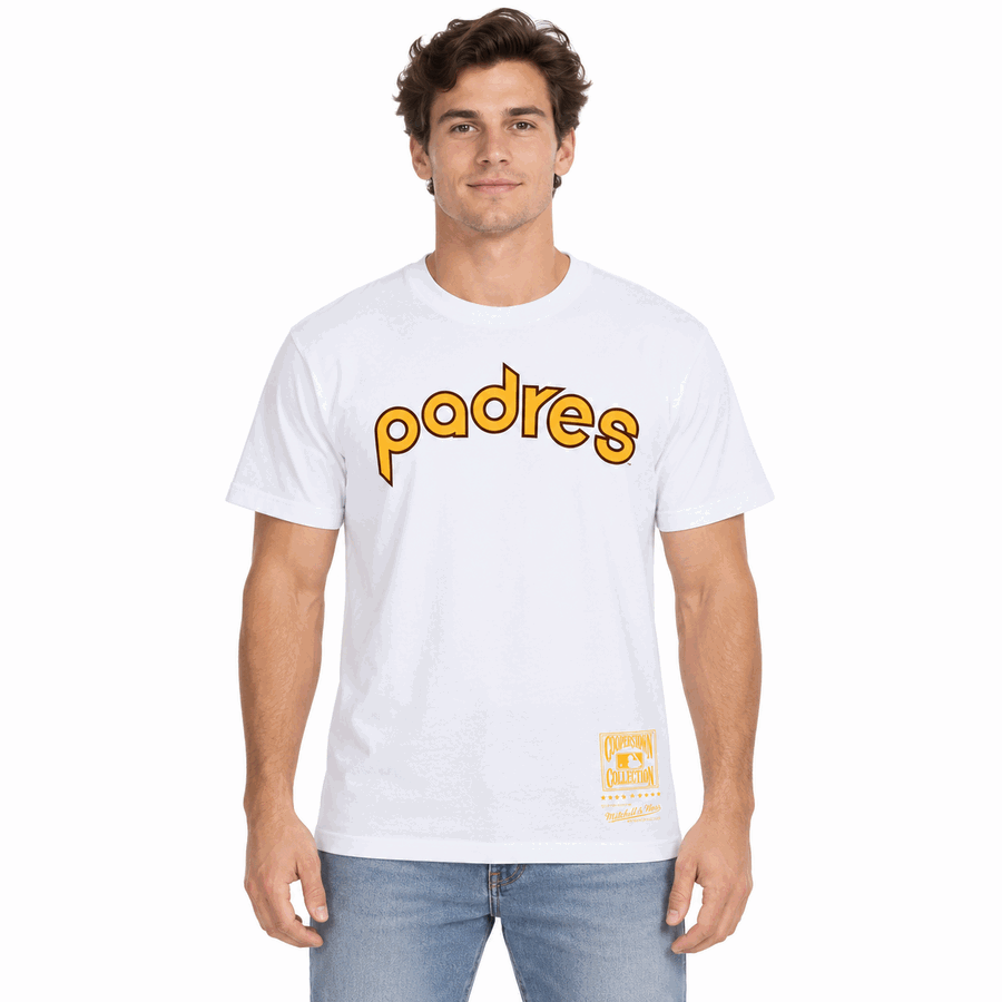 San Diego Padres White Mitchell and Ness Wordmark Shirt