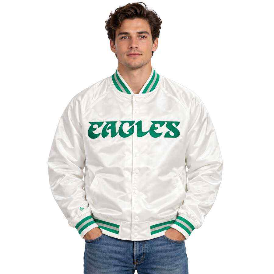 Philadelphia Eagles White Mitchell and Ness Satin Jacket