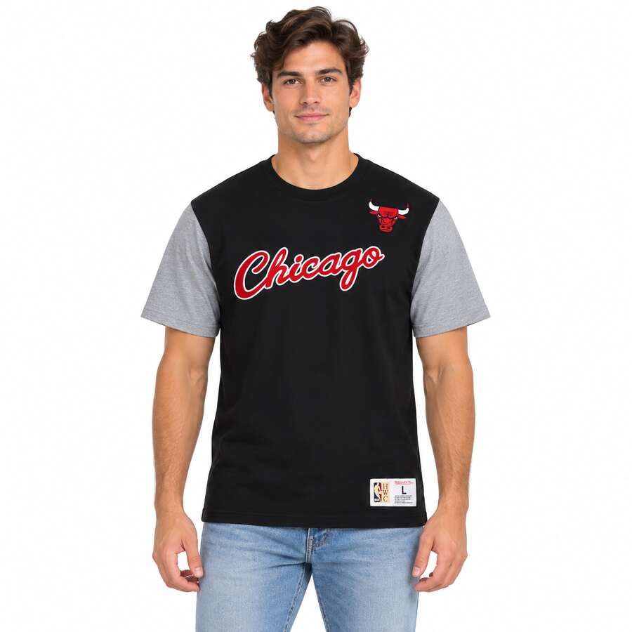 Chicago Bulls Embroidered Mitchell and Ness Color Block Shirt
