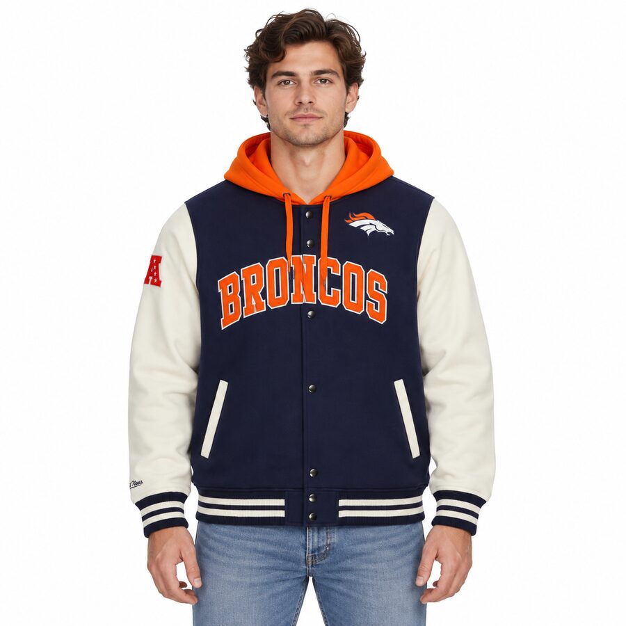 Denver Broncos Courtside Button Down Mitchell and Ness Hooded Fleece Jacket