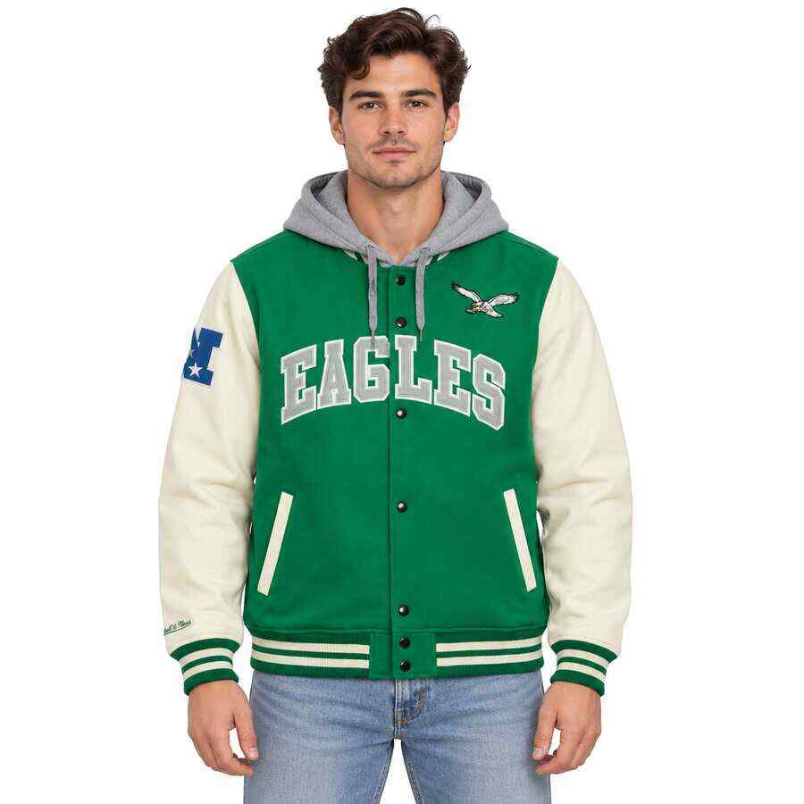 Philadelphia Eagles Courtside Button Down Mitchell and Ness Hooded Fleece Jacket