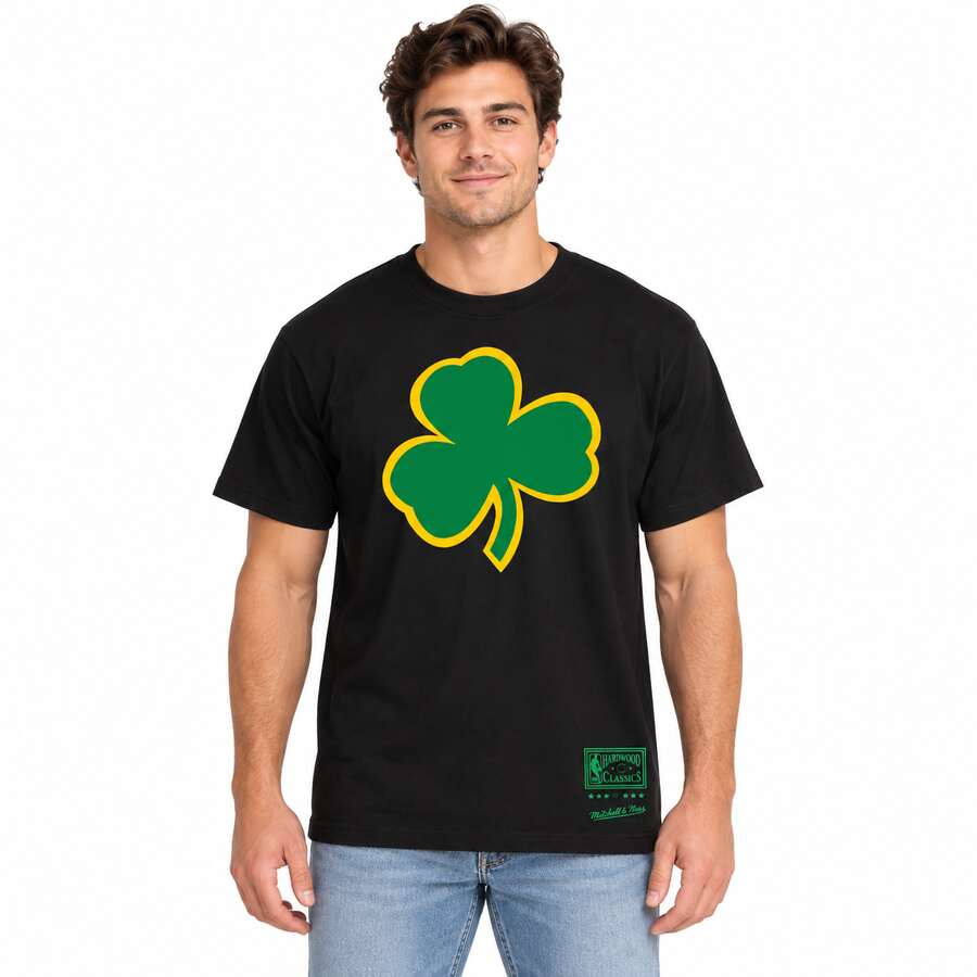Boston Celtics Black Mitchell and Ness Shamrock Logo Shirt